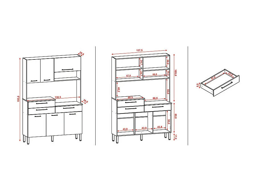 Buffet de Cuisine 6 Portes 3 Tiroirs 9 Niches Chêne Blanc L 138.5 H 195 P 38.8 cm