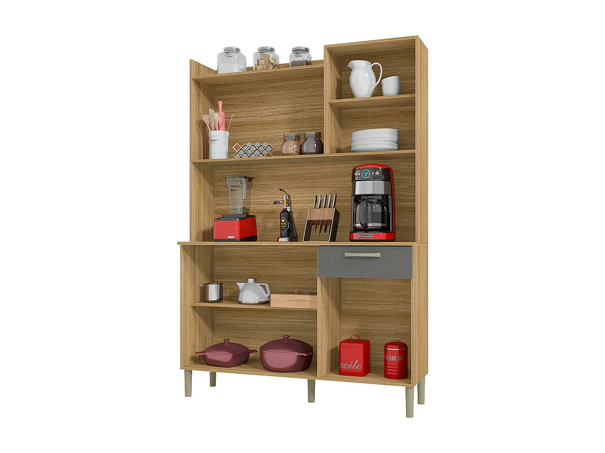 Buffet de Cuisine 6 Portes 1 Tiroir Chêne et Gris L 121.5 H 176 P 36.3 cm