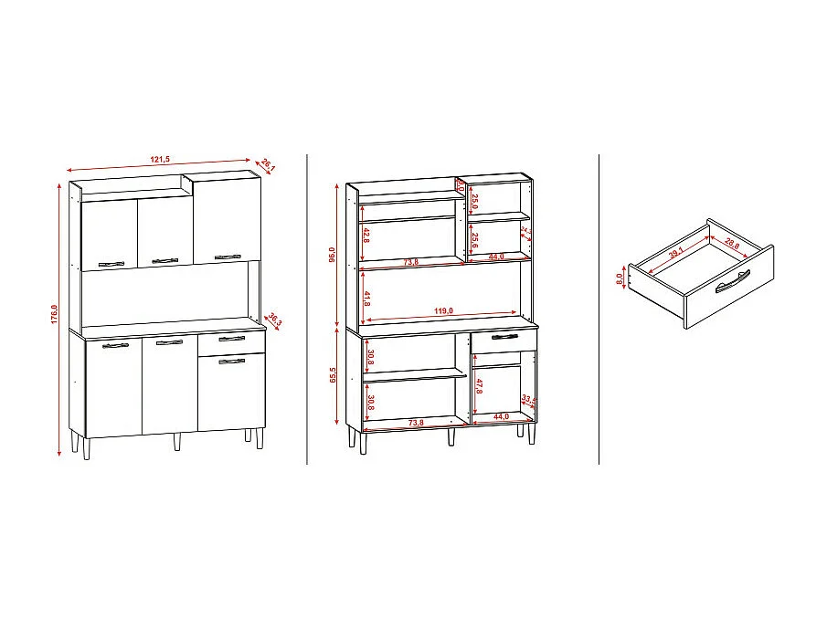 Buffet de Cuisine 6 Portes 1 Tiroir Chêne et Gris L 121.5 H 176 P 36.3 cm