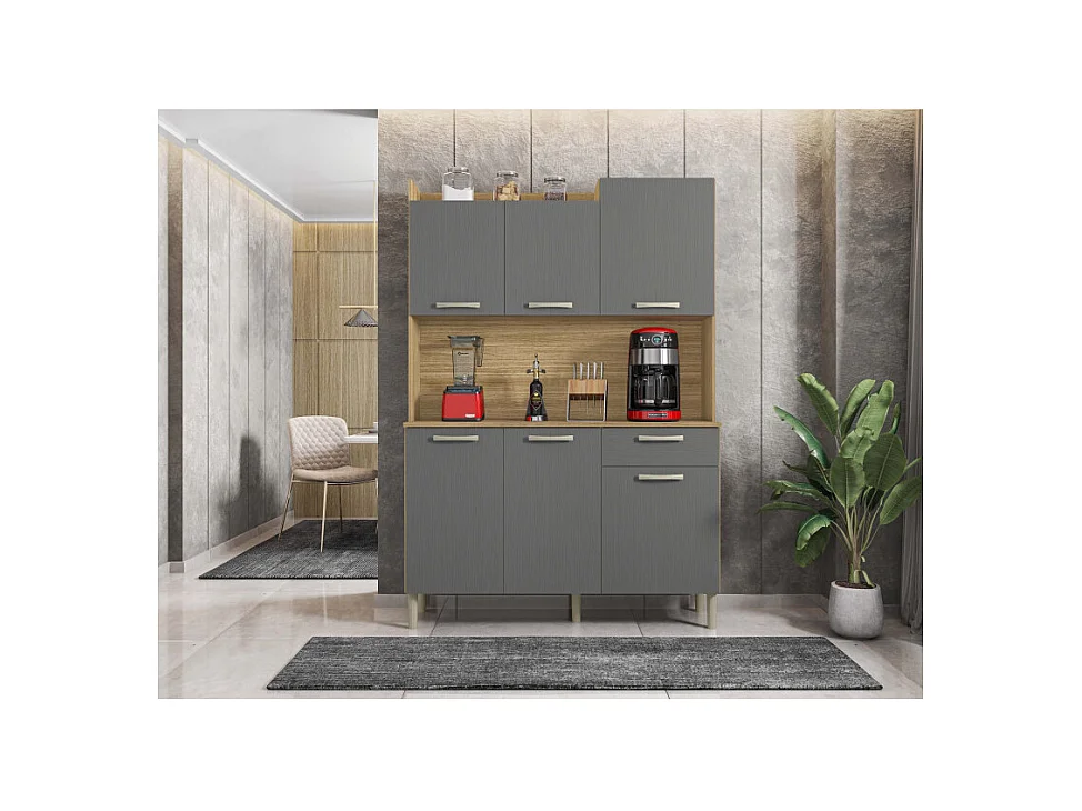 Buffet de Cuisine 6 Portes 1 Tiroir Chêne et Gris L 121.5 H 176 P 36.3 cm