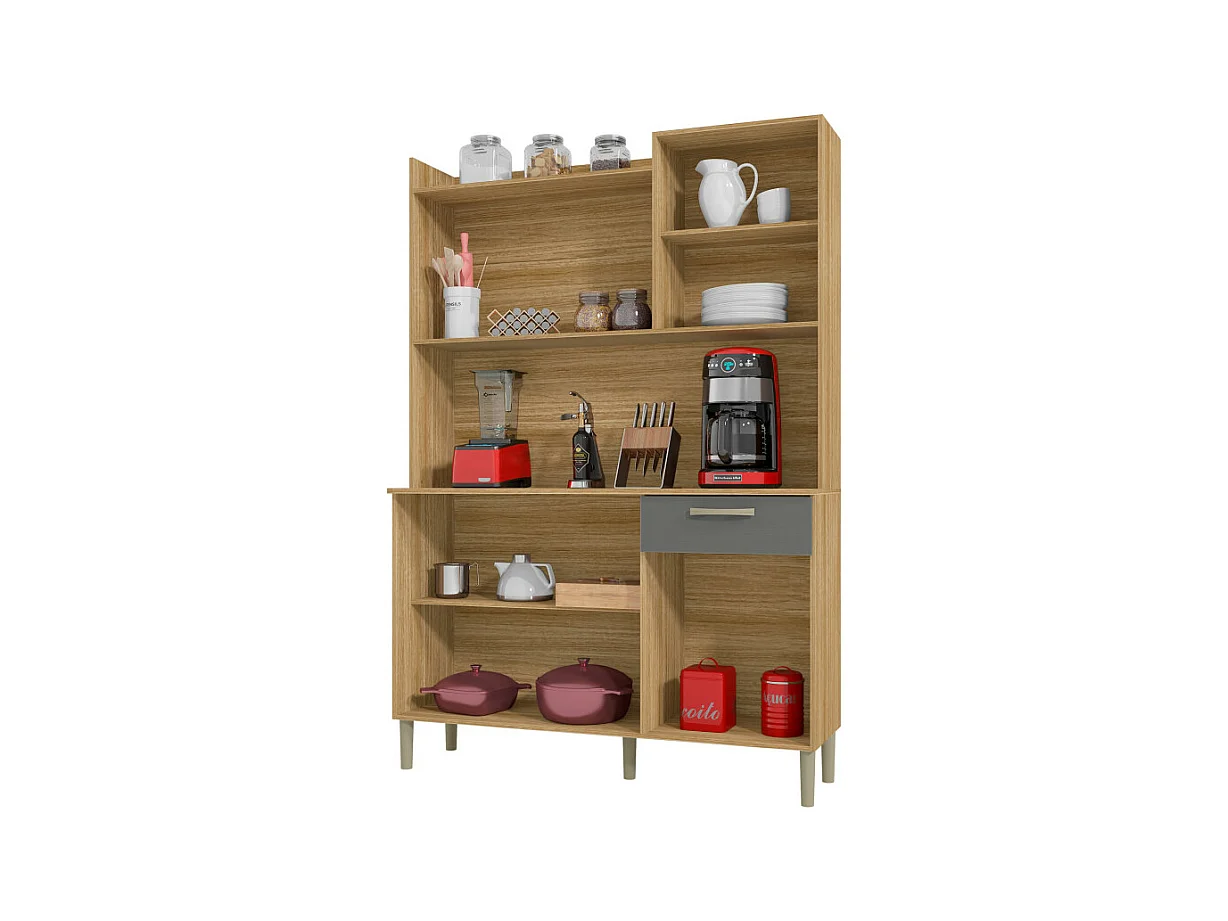 Buffet de Cuisine 6 Portes 1 Tiroir Chêne et Gris L 121.5 H 176 P 36.3 cm