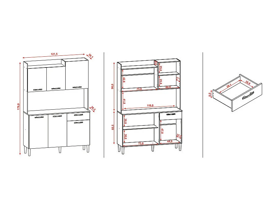 Buffet de Cuisine 6 Portes 1 Tiroir Chêne et Gris L 121.5 H 176 P 36.3 cm