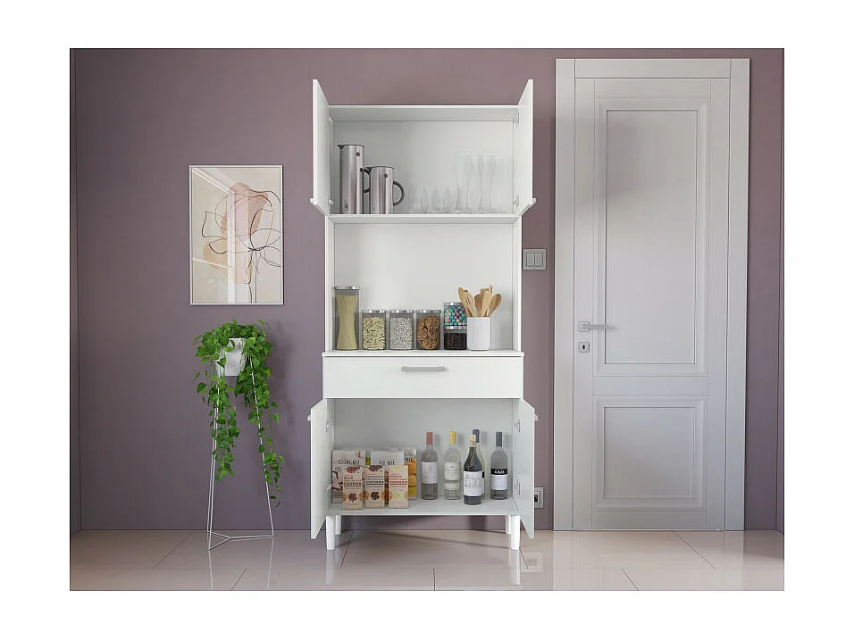 Buffet de Cuisine 4 Portes 1 Tiroir Blanc 3 Niches L 80 H 180 P 36.3 cm
