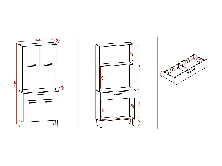 Buffet de Cuisine 4 Portes 1 Tiroir Blanc 3 Niches L 80 H 180 P 36.3 cm