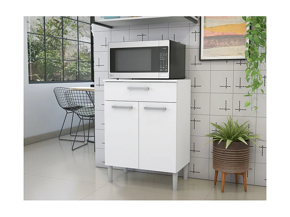 Meuble Micro Onde Blanc 2 Portes 1 Tiroir 1 Niche L 61.5 H 83.5 P 38.8 cm