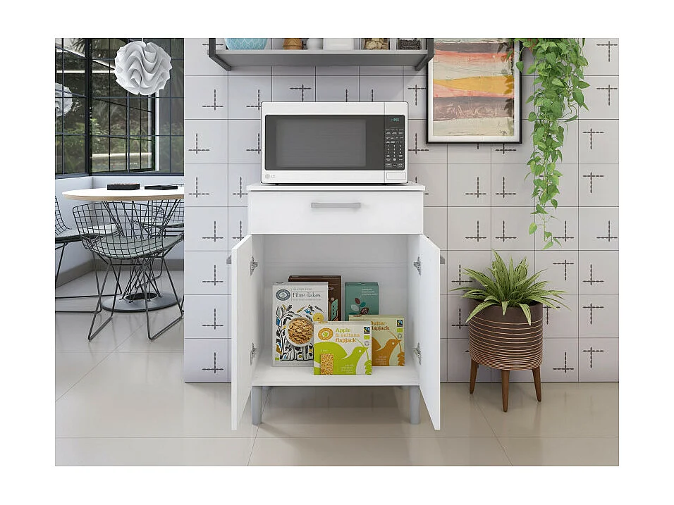 Meuble Micro Onde Blanc 2 Portes 1 Tiroir 1 Niche L 61.5 H 83.5 P 38.8 cm