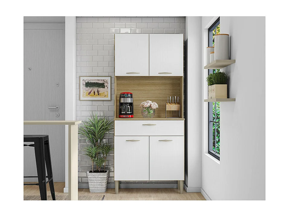 Buffet de Cuisine 4 Portes 1 Tiroir Chêne et Blanc L 74.5 H 170.5 P 36.3 cm