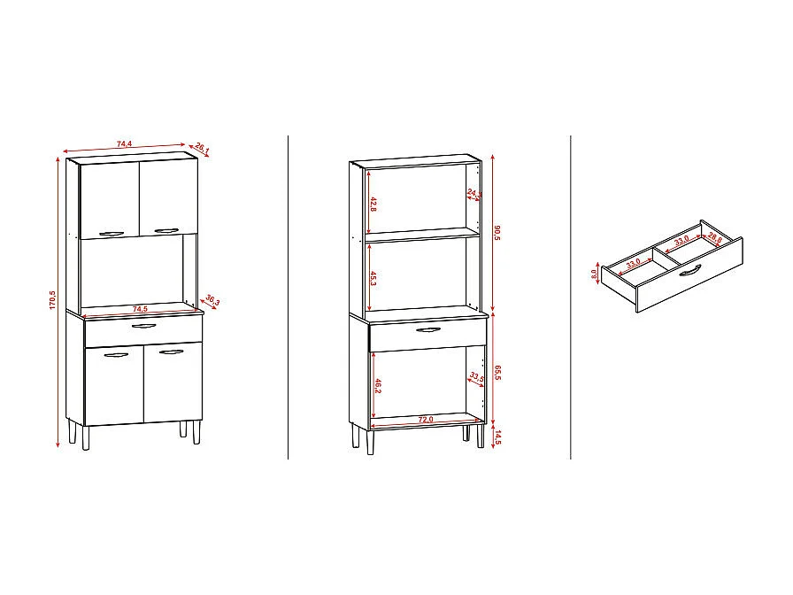 Buffet de Cuisine 4 Portes 1 Tiroir Chêne et Blanc L 74.5 H 170.5 P 36.3 cm
