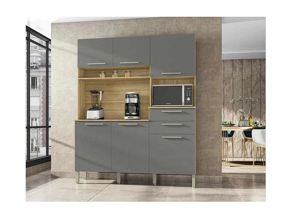 Buffet de Cuisine 6 Portes 2 Tiroirs Chêne et Gris L 160.7 H 196 P 38.8 cm