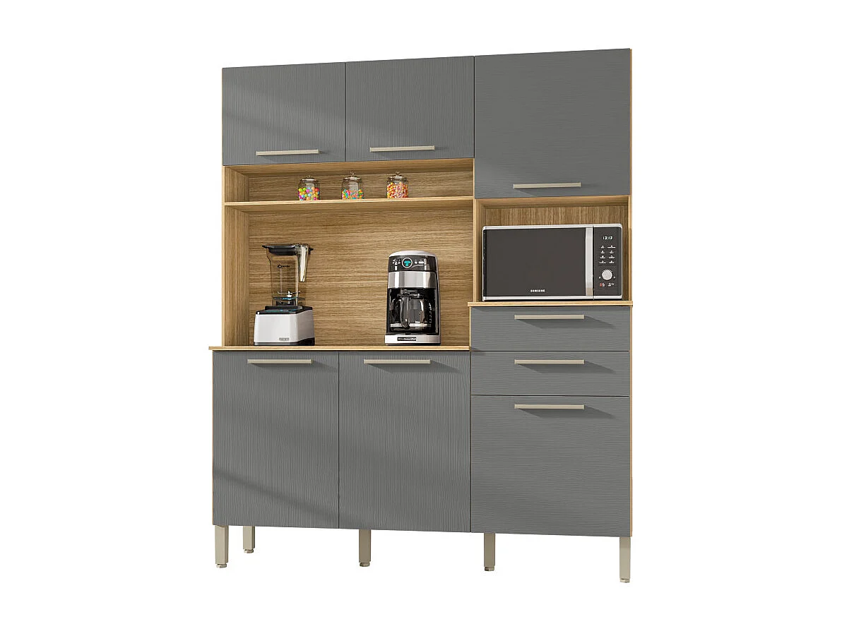 Buffet de Cuisine 6 Portes 2 Tiroirs Chêne et Gris L 160.7 H 196 P 38.8 cm