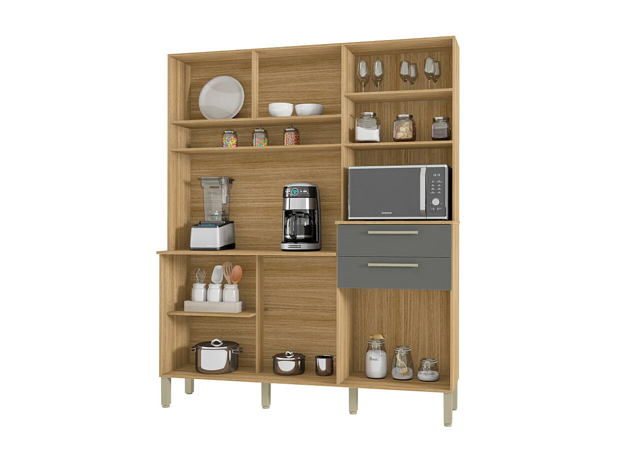 Buffet de Cuisine 6 Portes 2 Tiroirs Chêne et Gris L 160.7 H 196 P 38.8 cm