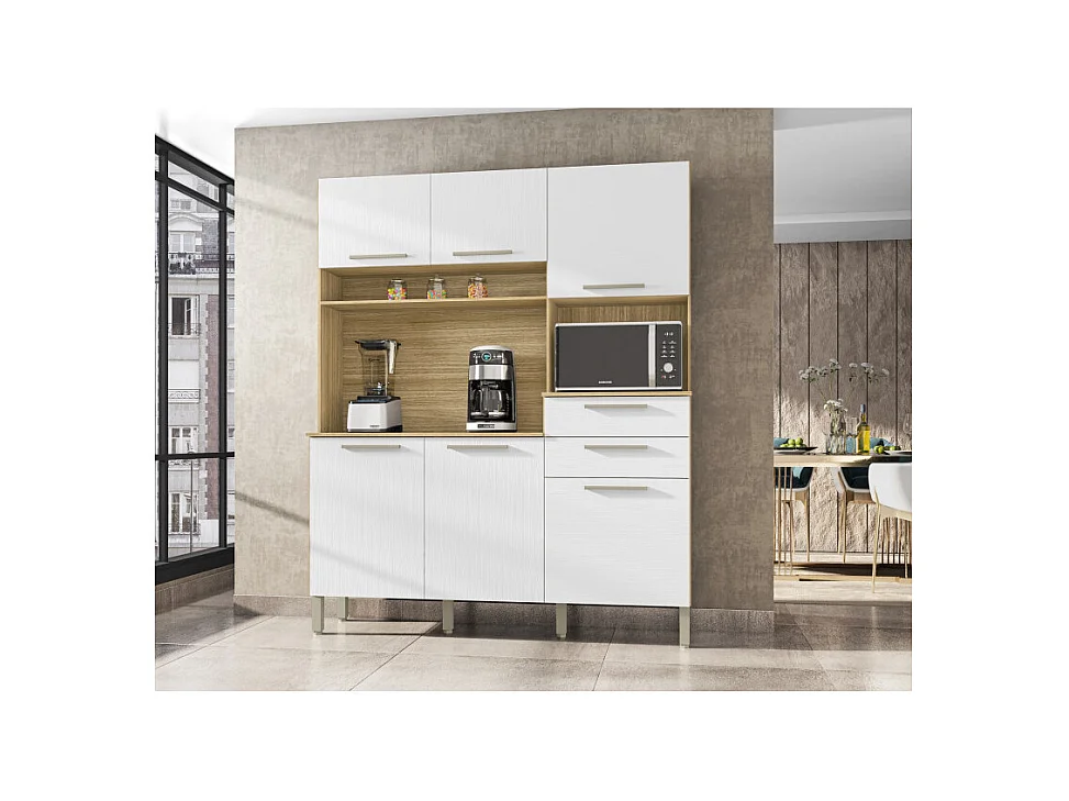 Buffet de Cuisine 6 Portes 2 Tiroirs Chêne et Blanc L 160.7 H 196 P 38.8 cm