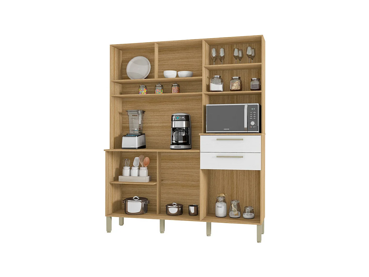 Buffet de Cuisine 6 Portes 2 Tiroirs Chêne et Blanc L 160.7 H 196 P 38.8 cm