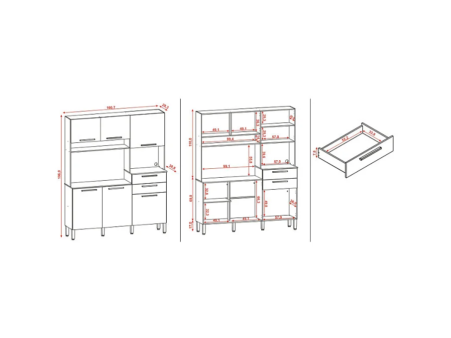 Buffet de Cuisine 6 Portes 2 Tiroirs Chêne et Blanc L 160.7 H 196 P 38.8 cm