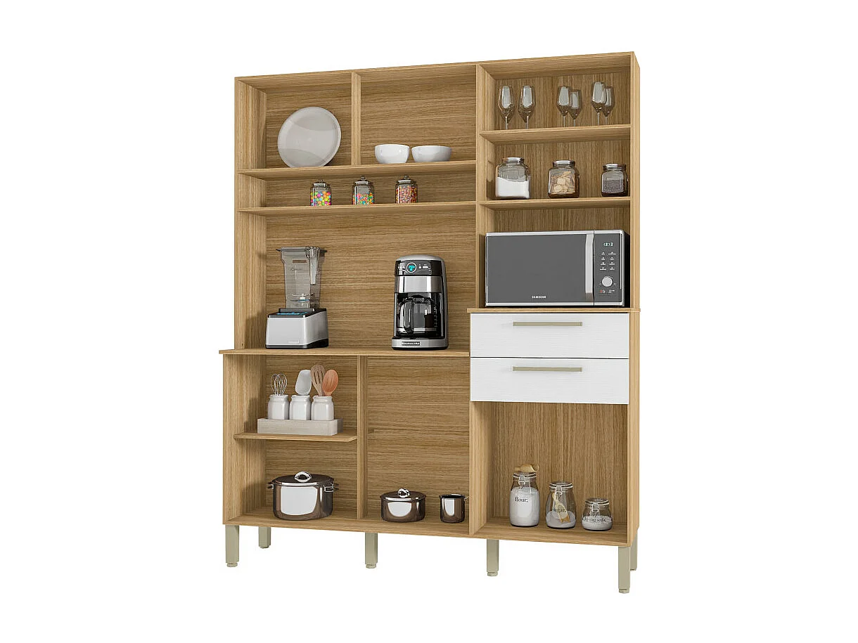 Buffet de Cuisine 6 Portes 2 Tiroirs Chêne et Blanc L 160.7 H 196 P 38.8 cm