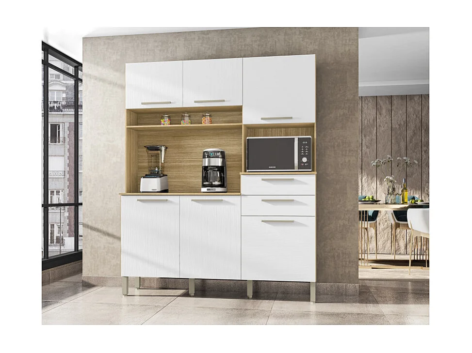 Buffet de Cuisine 6 Portes 2 Tiroirs Chêne et Blanc L 160.7 H 196 P 38.8 cm