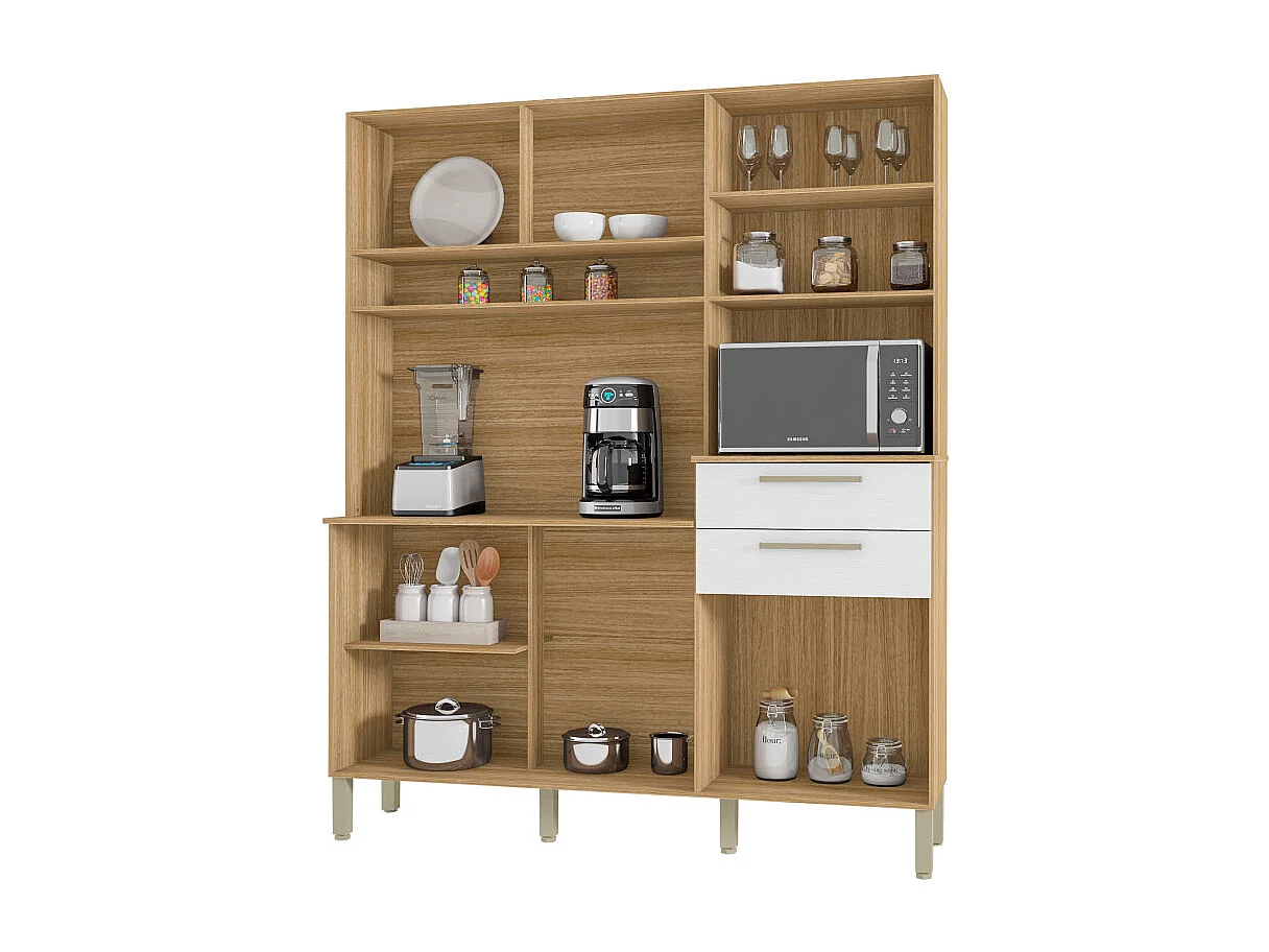 Buffet de Cuisine 6 Portes 2 Tiroirs Chêne et Blanc L 160.7 H 196 P 38.8 cm