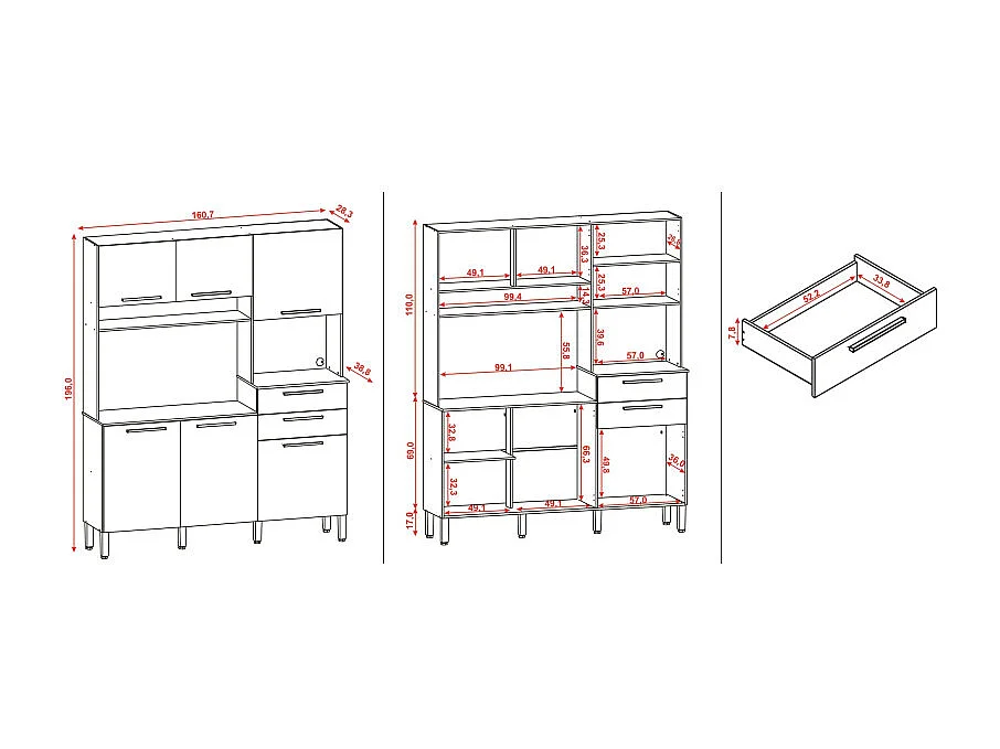Buffet de Cuisine 6 Portes 2 Tiroirs Chêne et Blanc L 160.7 H 196 P 38.8 cm