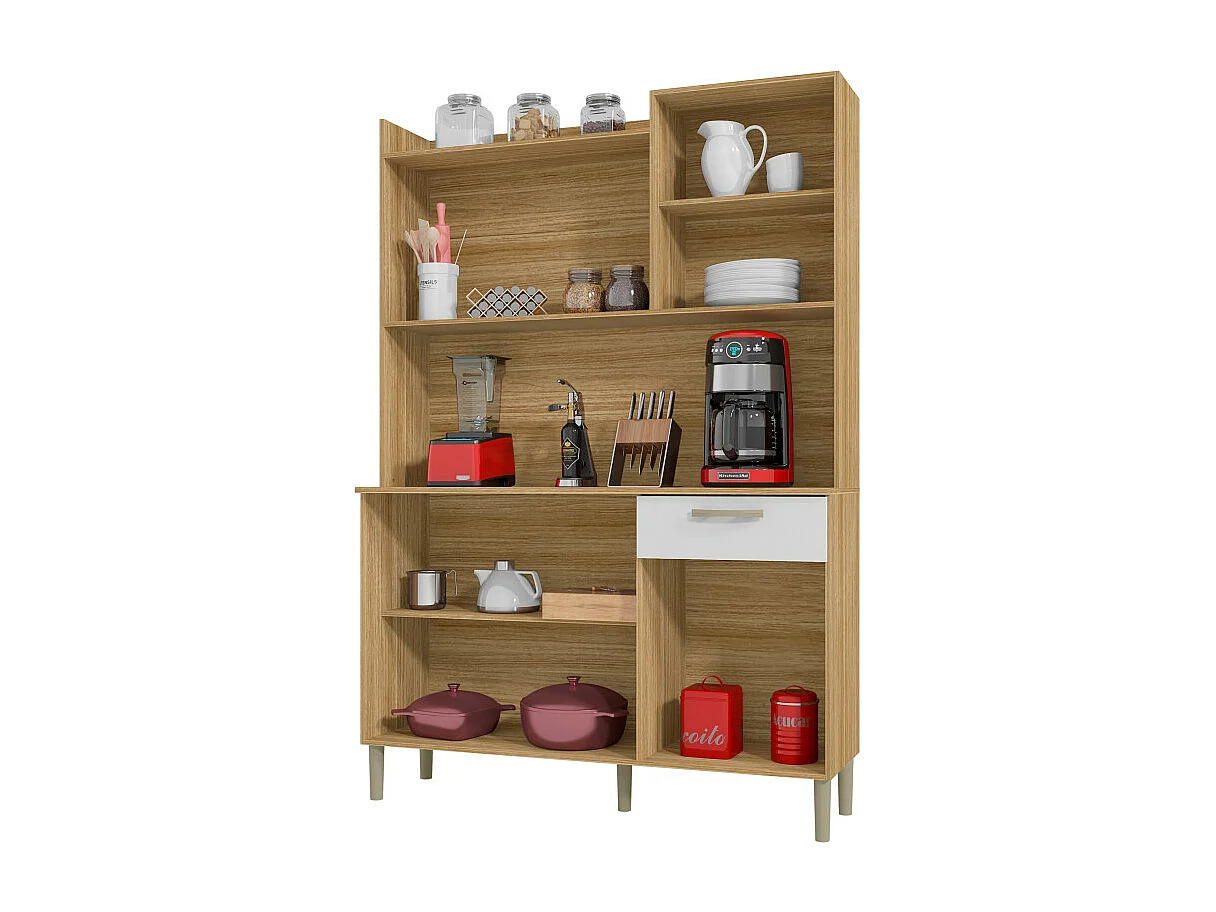 Buffet de Cuisine 6 Portes 1 Tiroir Chêne et Blanc L 121.5 H 176 P 36.3 cm