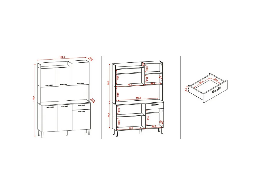 Buffet de Cuisine 6 Portes 1 Tiroir Chêne et Blanc L 121.5 H 176 P 36.3 cm