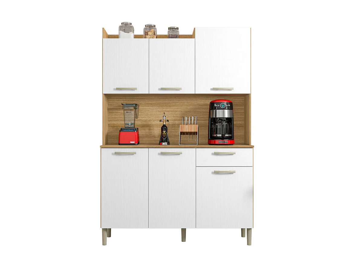 Buffet de Cuisine 6 Portes 1 Tiroir Chêne et Blanc L 121.5 H 176 P 36.3 cm