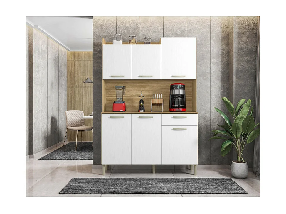 Buffet de Cuisine 6 Portes 1 Tiroir Chêne et Blanc L 121.5 H 176 P 36.3 cm