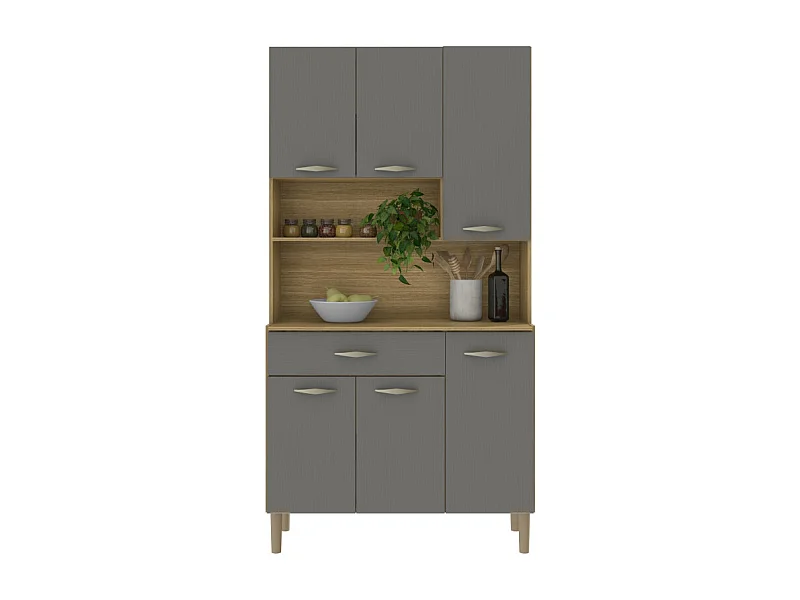 Buffet de Cuisine 6 Portes 1 Tiroir Chêne et Gris 7 Niches L 90.9 H 173.5 P 36.3 cm