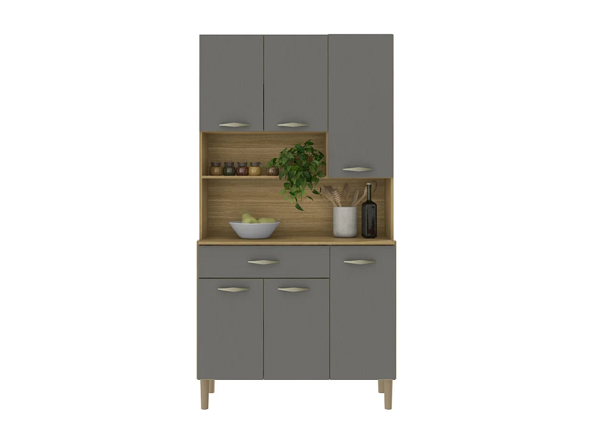 Buffet de Cuisine 6 Portes 1 Tiroir Chêne et Gris 7 Niches L 90.9 H 173.5 P 36.3 cm