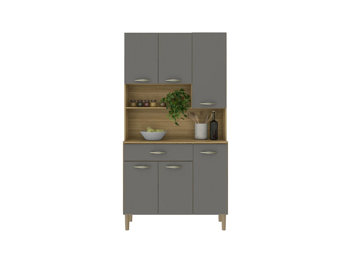 Buffet de Cuisine 6 Portes 1 Tiroir Chêne et Gris 7 Niches L 90.9 H 173.5 P 36.3 cm