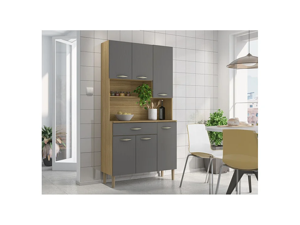Buffet de Cuisine 6 Portes 1 Tiroir Chêne et Gris 7 Niches L 90.9 H 173.5 P 36.3 cm