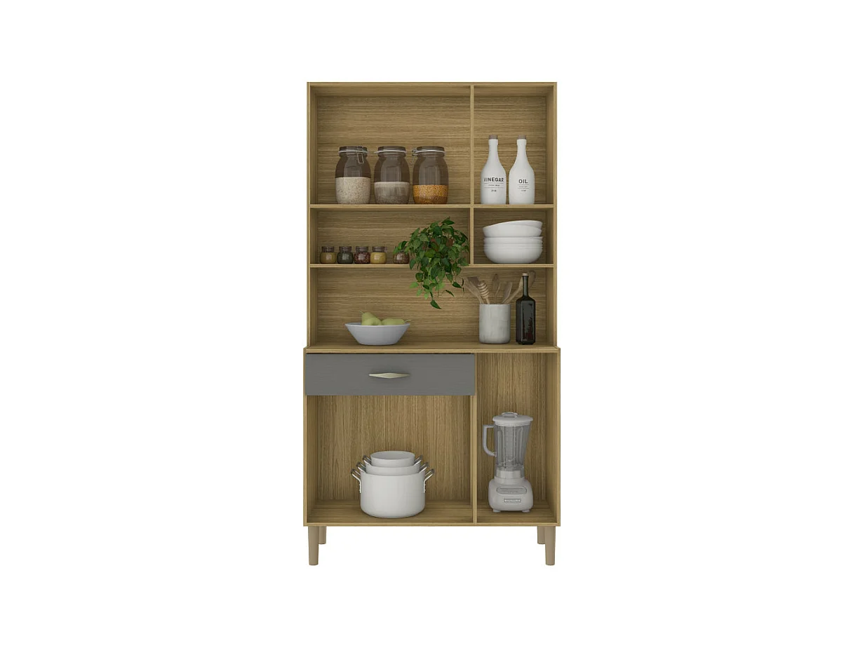 Buffet de Cuisine 6 Portes 1 Tiroir Chêne et Gris 7 Niches L 90.9 H 173.5 P 36.3 cm