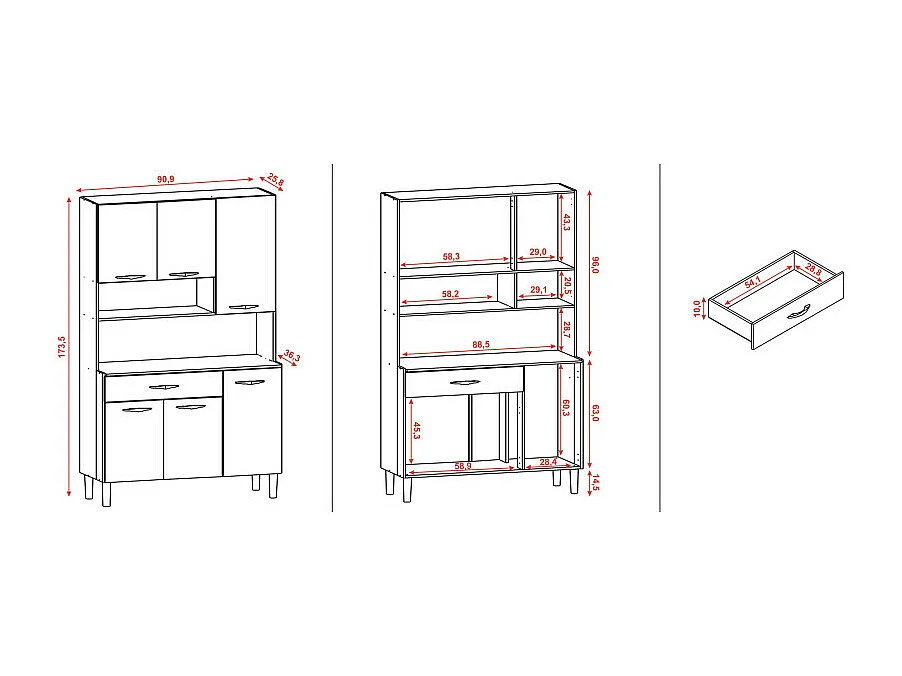 Buffet de Cuisine 6 Portes 1 Tiroir Chêne et Gris 7 Niches L 90.9 H 173.5 P 36.3 cm