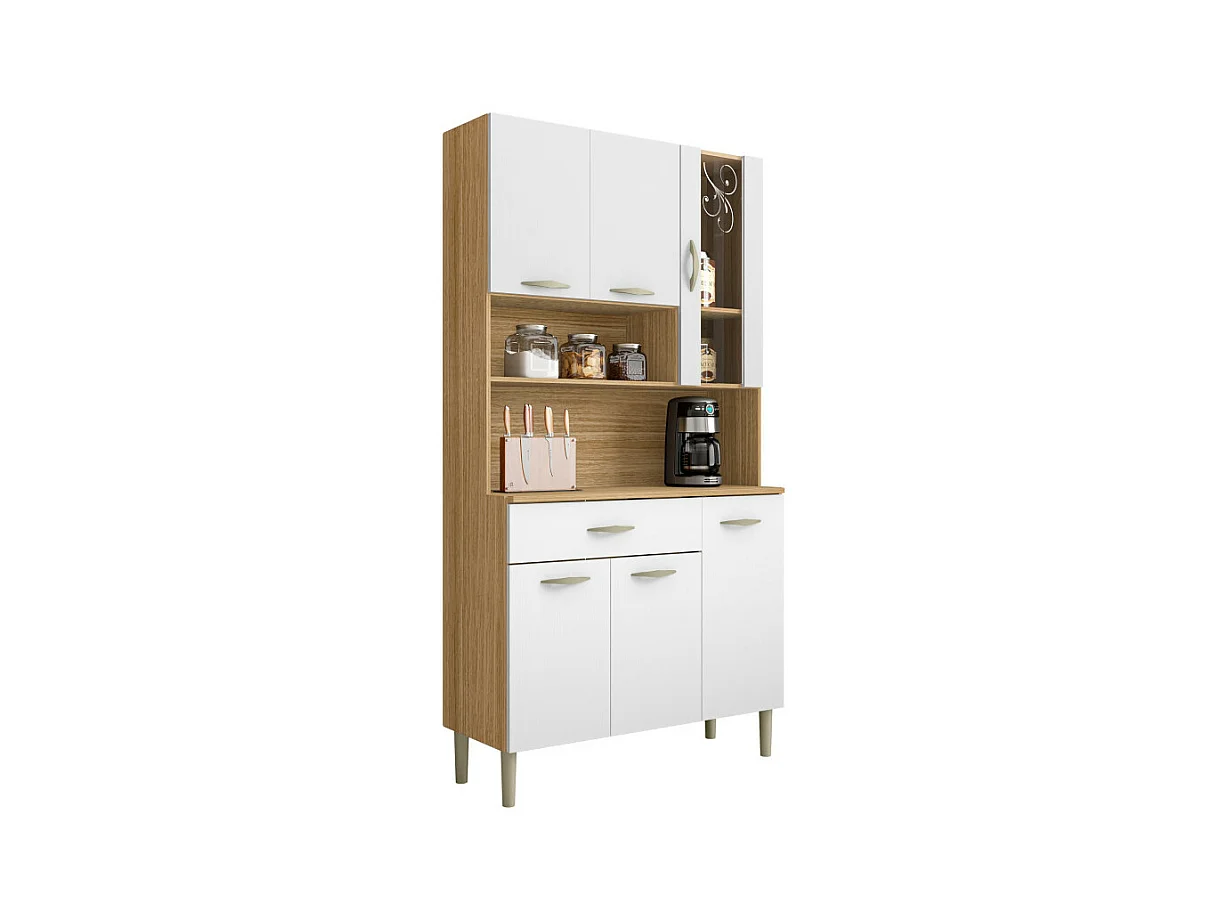 Buffet de Cuisine 6 Portes 1 Tiroir Chêne et Blanc L 90.9 H 173.5 P 36.3 cm