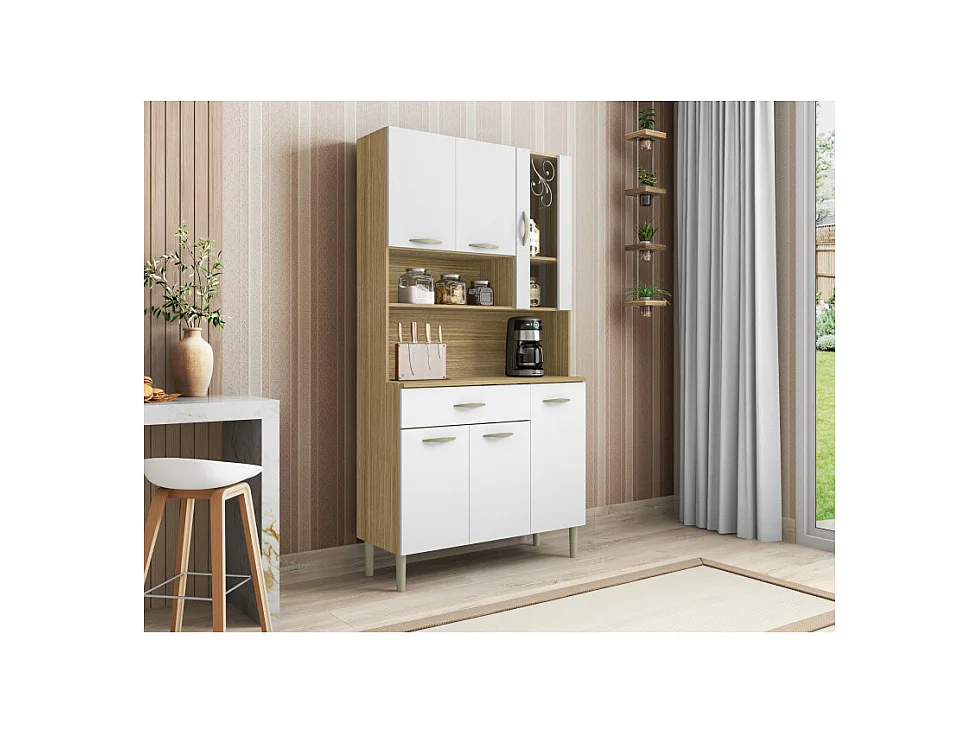 Buffet de Cuisine 6 Portes 1 Tiroir Chêne et Blanc L 90.9 H 173.5 P 36.3 cm