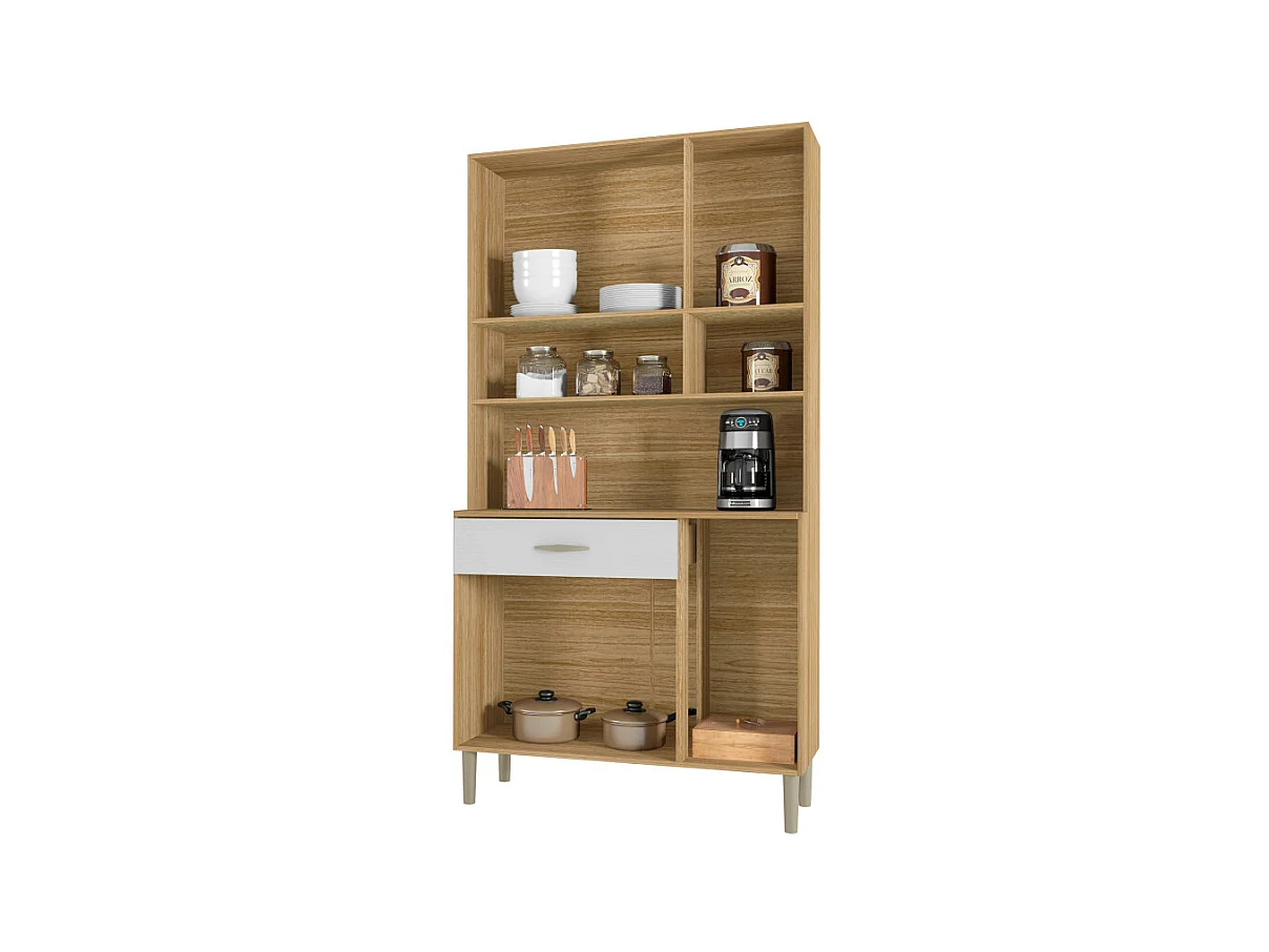 Buffet de Cuisine 6 Portes 1 Tiroir Chêne et Blanc L 90.9 H 173.5 P 36.3 cm