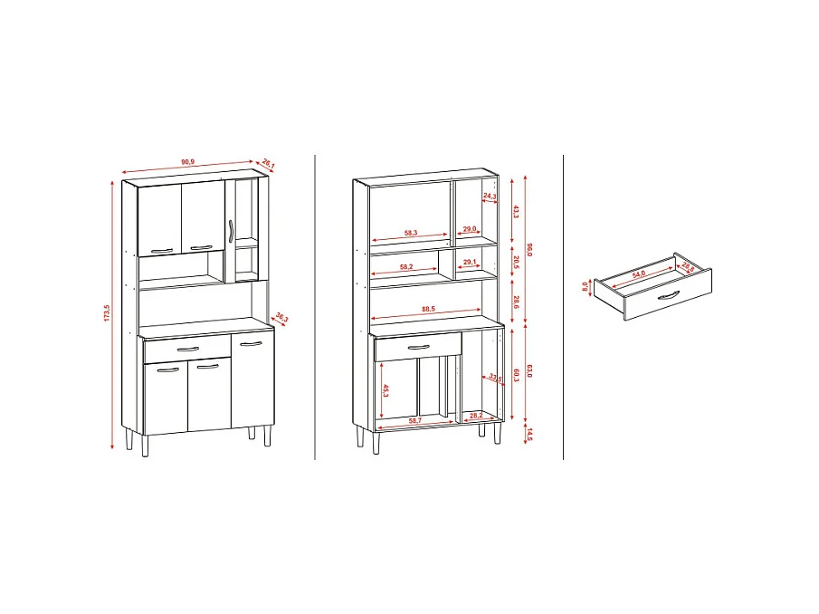 Buffet de Cuisine 6 Portes 1 Tiroir Chêne et Blanc L 90.9 H 173.5 P 36.3 cm