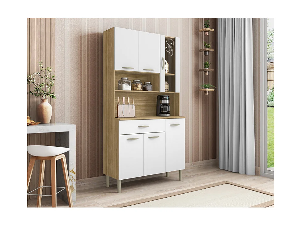 Buffet de Cuisine 6 Portes 1 Tiroir Chêne et Blanc L 90.9 H 173.5 P 36.3 cm