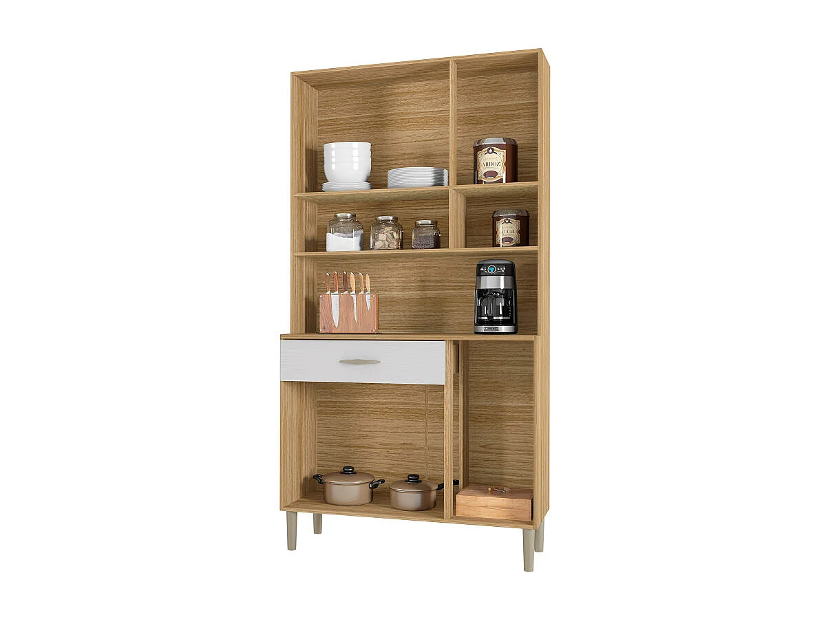 Buffet de Cuisine 6 Portes 1 Tiroir Chêne et Blanc L 90.9 H 173.5 P 36.3 cm