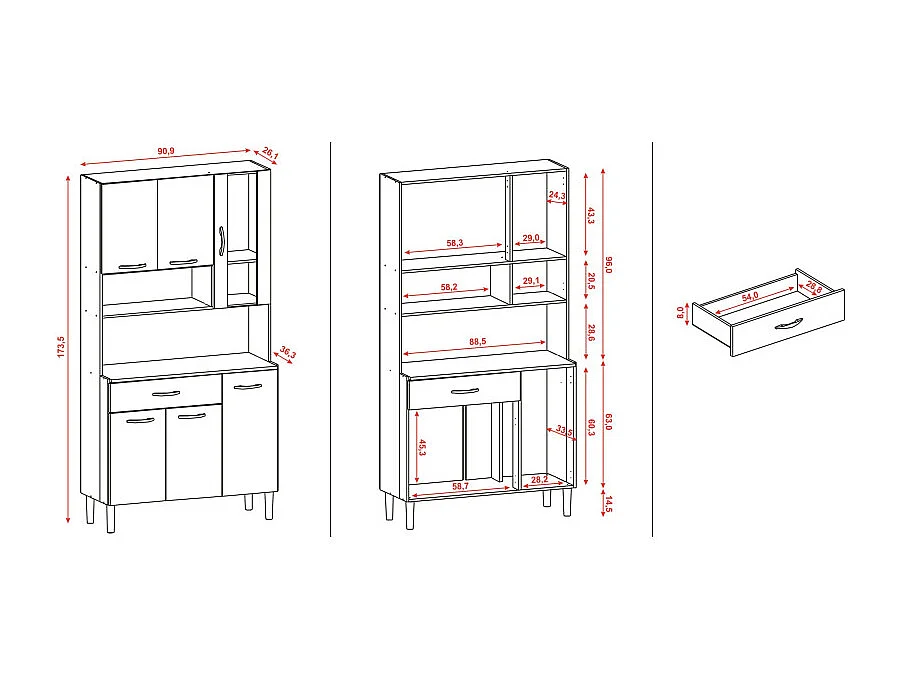 Buffet de Cuisine 6 Portes 1 Tiroir Chêne et Blanc L 90.9 H 173.5 P 36.3 cm