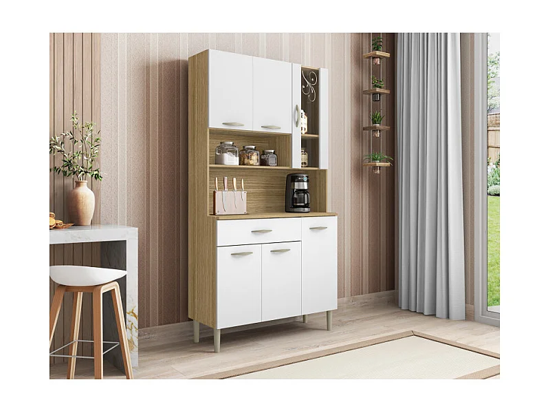 Buffet de Cuisine 6 Portes 1 Tiroir Chêne et Blanc L 90.9 H 173.5 P 36.3 cm