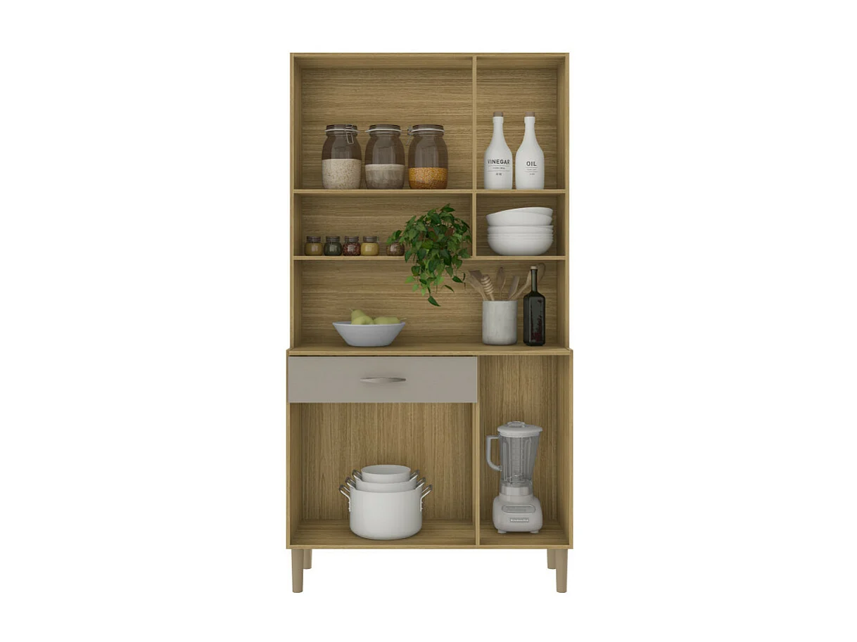 Buffet de Cuisine 6 Portes 1 Tiroir Chêne Taupe 7 Niches L 90.9 H173.5 P 36.3 cm