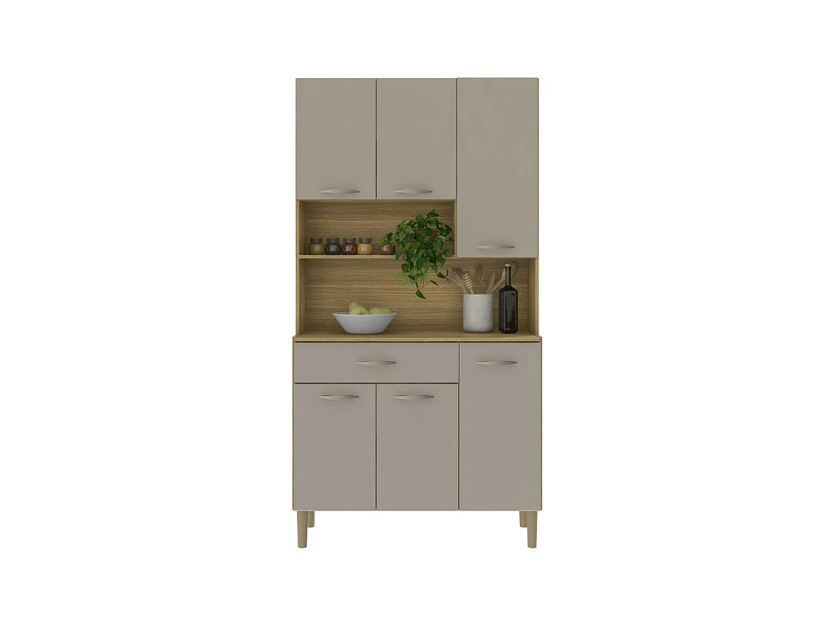 Buffet de Cuisine 6 Portes 1 Tiroir Chêne Taupe 7 Niches L 90.9 H173.5 P 36.3 cm
