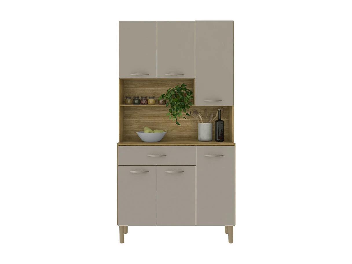 Buffet de Cuisine 6 Portes 1 Tiroir Chêne Taupe 7 Niches L 90.9 H173.5 P 36.3 cm