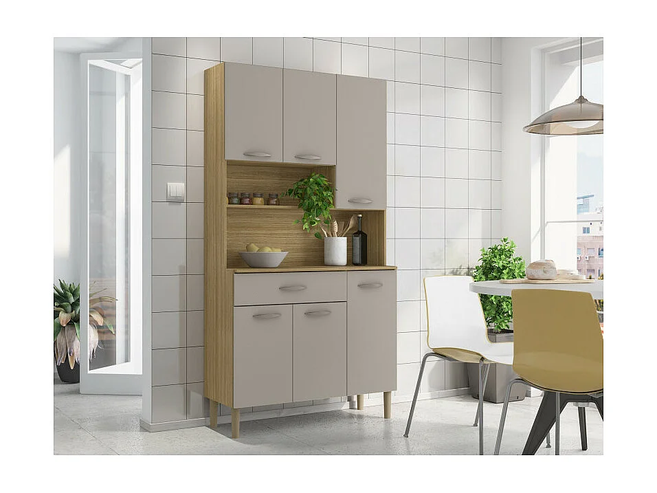 Buffet de Cuisine 6 Portes 1 Tiroir Chêne Taupe 7 Niches L 90.9 H173.5 P 36.3 cm