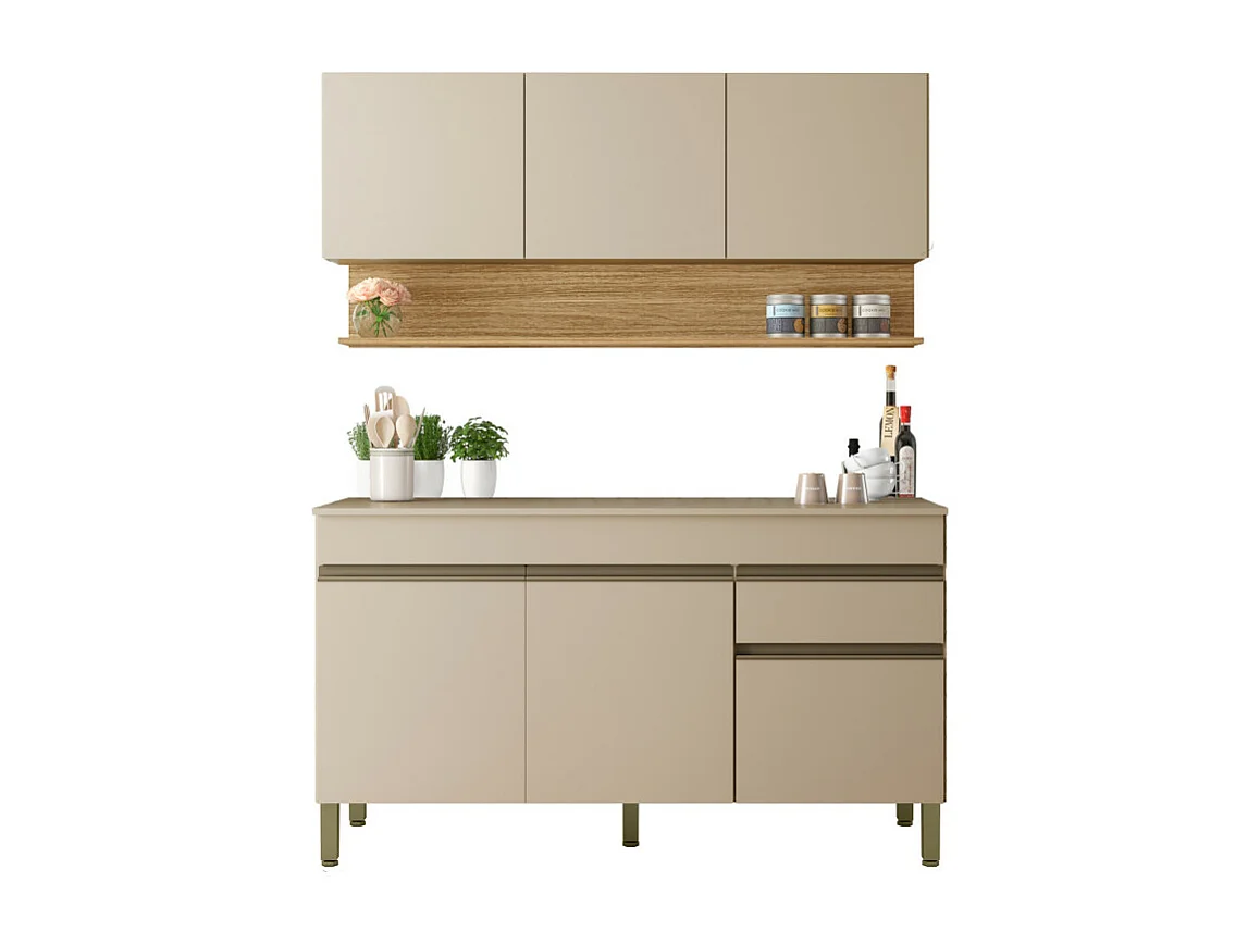 Cuisine Equipée 6 Portes 1 Tiroir Chêne et Vanille L 120 H 200 P 53.3 cm