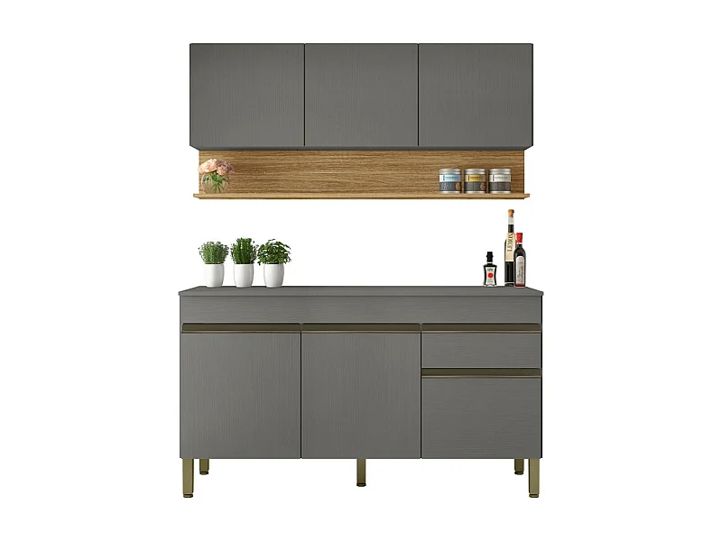 Cuisine Equipée 6 Portes 1 Tiroir Chêne et Gris L 120 H 200 P 53.3 cm