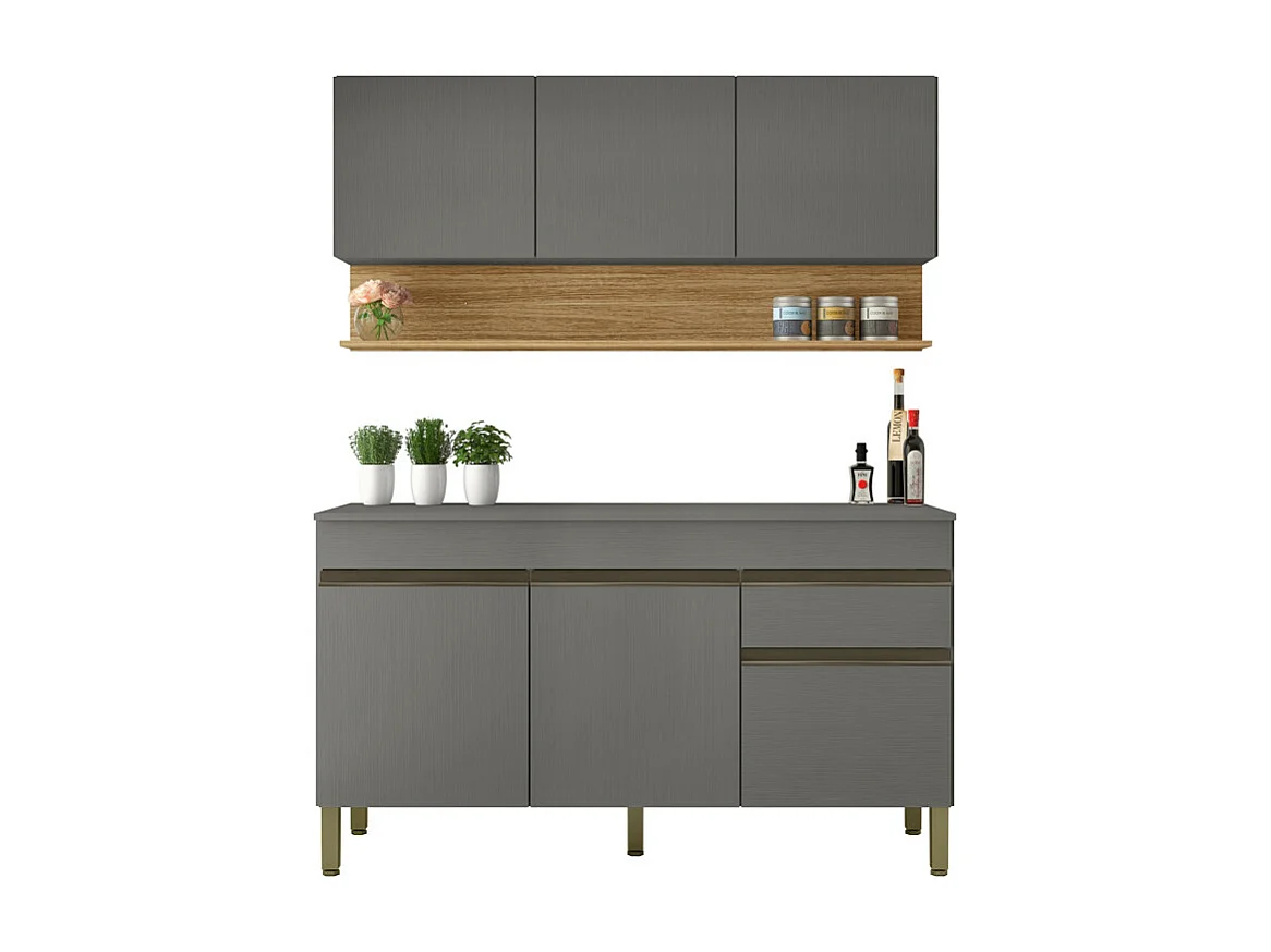 Cuisine Equipée 6 Portes 1 Tiroir Chêne et Gris L 120 H 200 P 53.3 cm