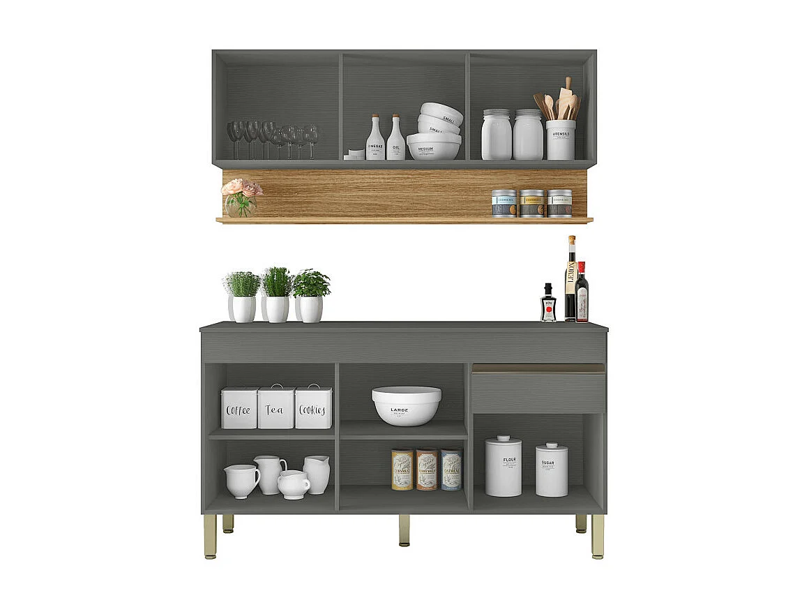 Cuisine Equipée 6 Portes 1 Tiroir Chêne et Gris L 120 H 200 P 53.3 cm