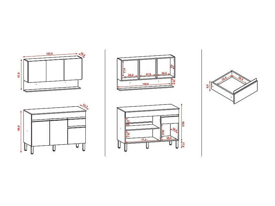 Cuisine Equipée 6 Portes 1 Tiroir Chêne et Gris L 120 H 200 P 53.3 cm