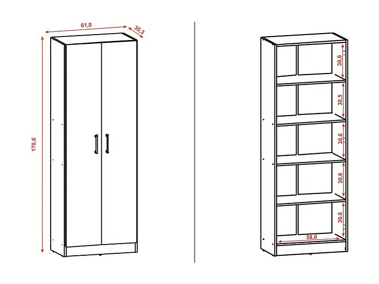 Armoire 2 Portes Chêne et Blanc 5 Niches L 61 H 170.6 P 35.3 cm